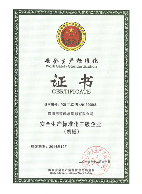 安全生產(chǎn)標準化證書 / Work Safety Standardization